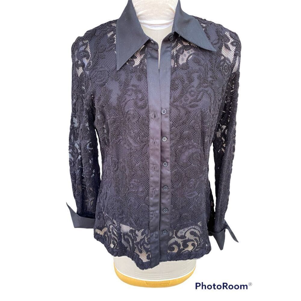 Finley Black Lace Blouse Sheer & Tank Sz L front Button Satin Collar & Cuffs 2Pc